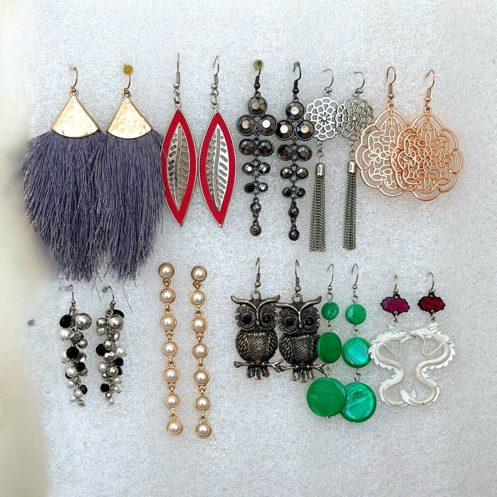 Curated Lot of 10 Pairs Brand New Boho Vintage Dangle Earrings Owl Pearl Dragon